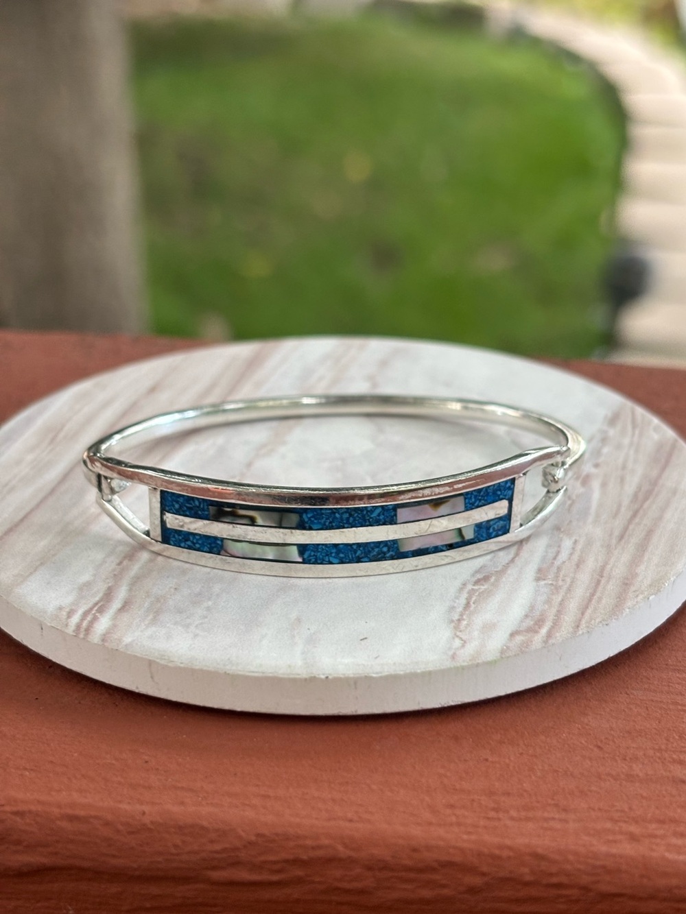 Vintage Taxco Sterling Silver Inlay Bangle Bracelet Mexico 15.99g 60mm Hinged
